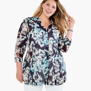 Nic + Zoe Denim Blooms Crinkle Top Watercolor Tunic Button Up Shirt Blouse XL